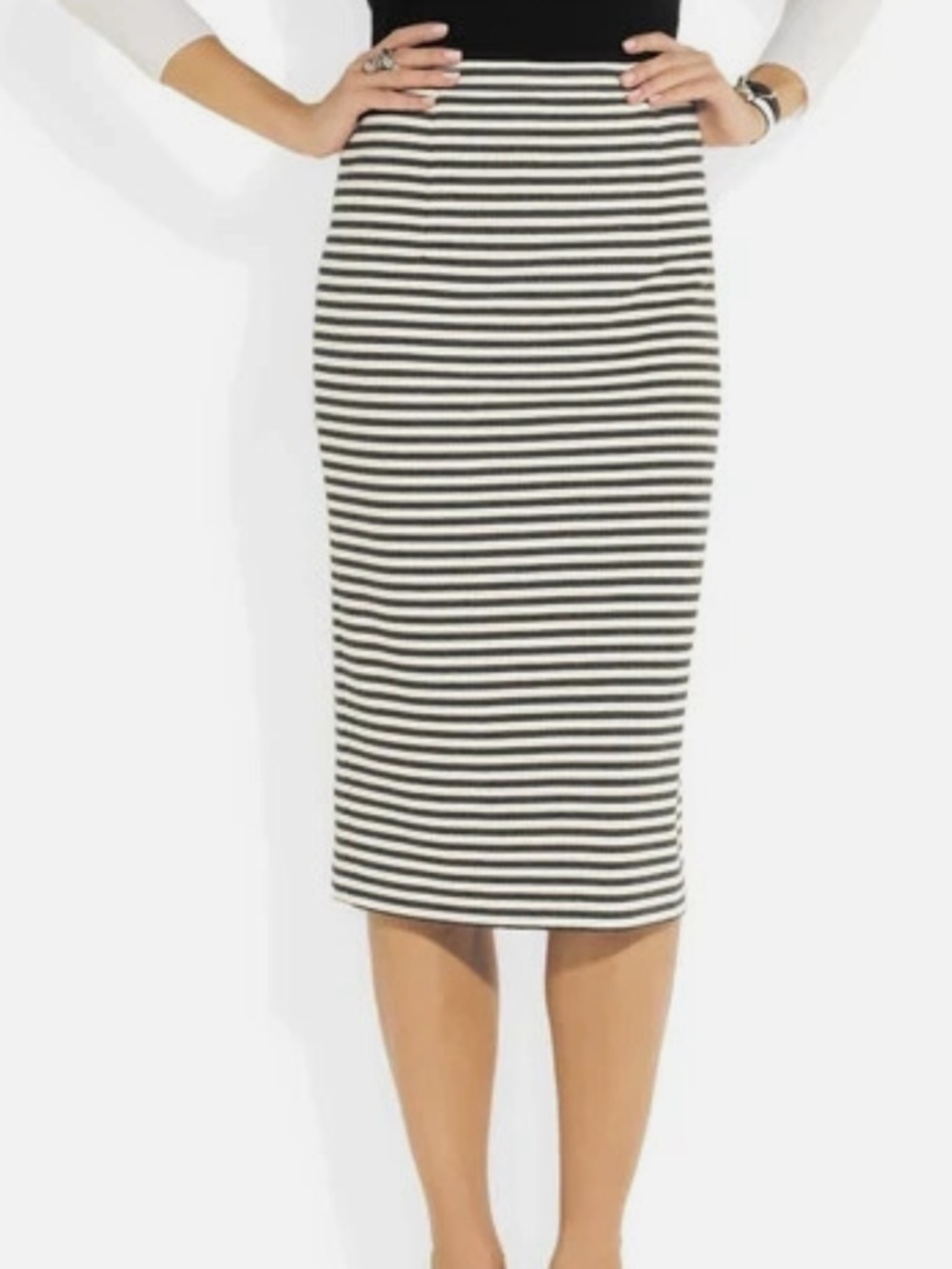 Tibi Black and Cream Striped Pencil Skirt